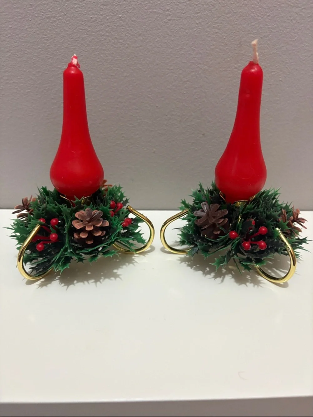 VINTAGE Pair of Red Holiday Candle Holders with Candles